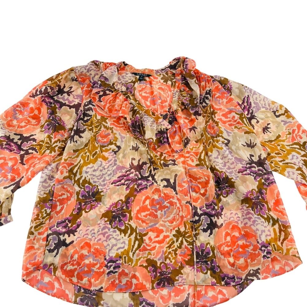 Lauren Ralph Lauren 3X Floral Print Ruffle Blouse Polyester & Silk Blend Career
